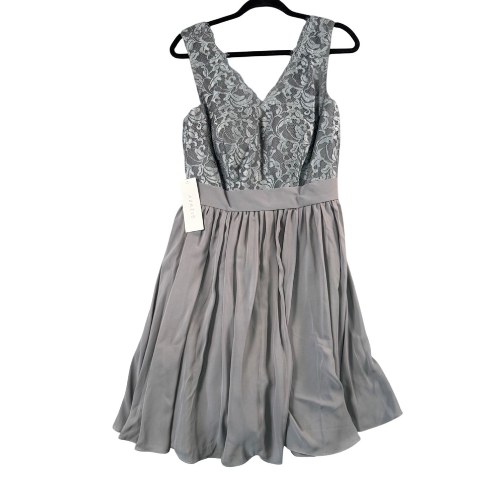 Azazie Grey Lace Chiffon Midi Dress V‎ Neck Sleeveless Romantic Formal NWT